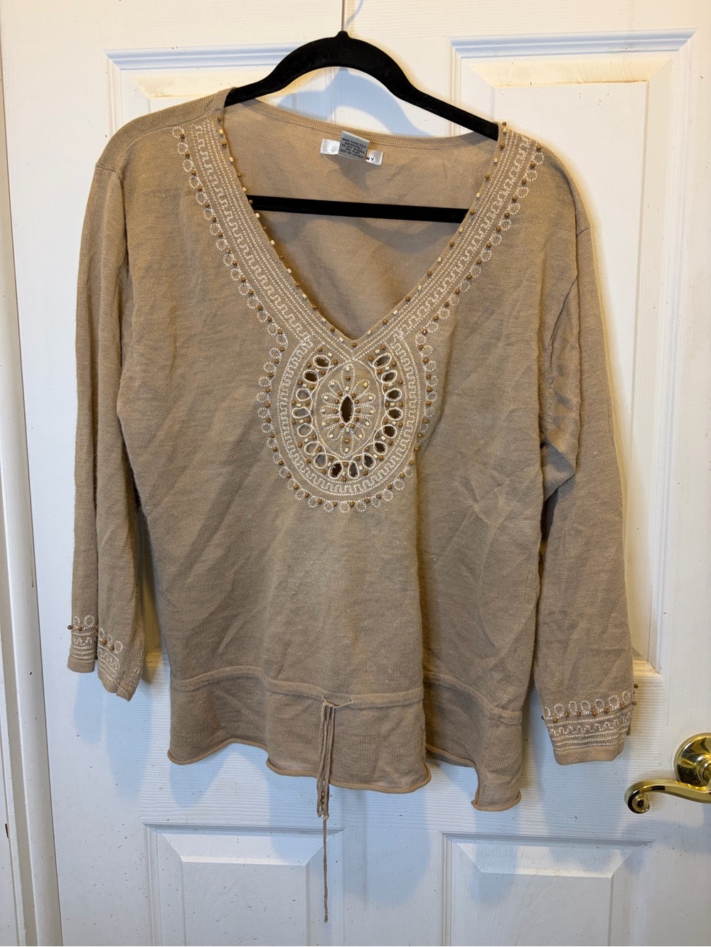 Embellished V-Neck 100% Linen Tunic Top - Beige - flaws pictured